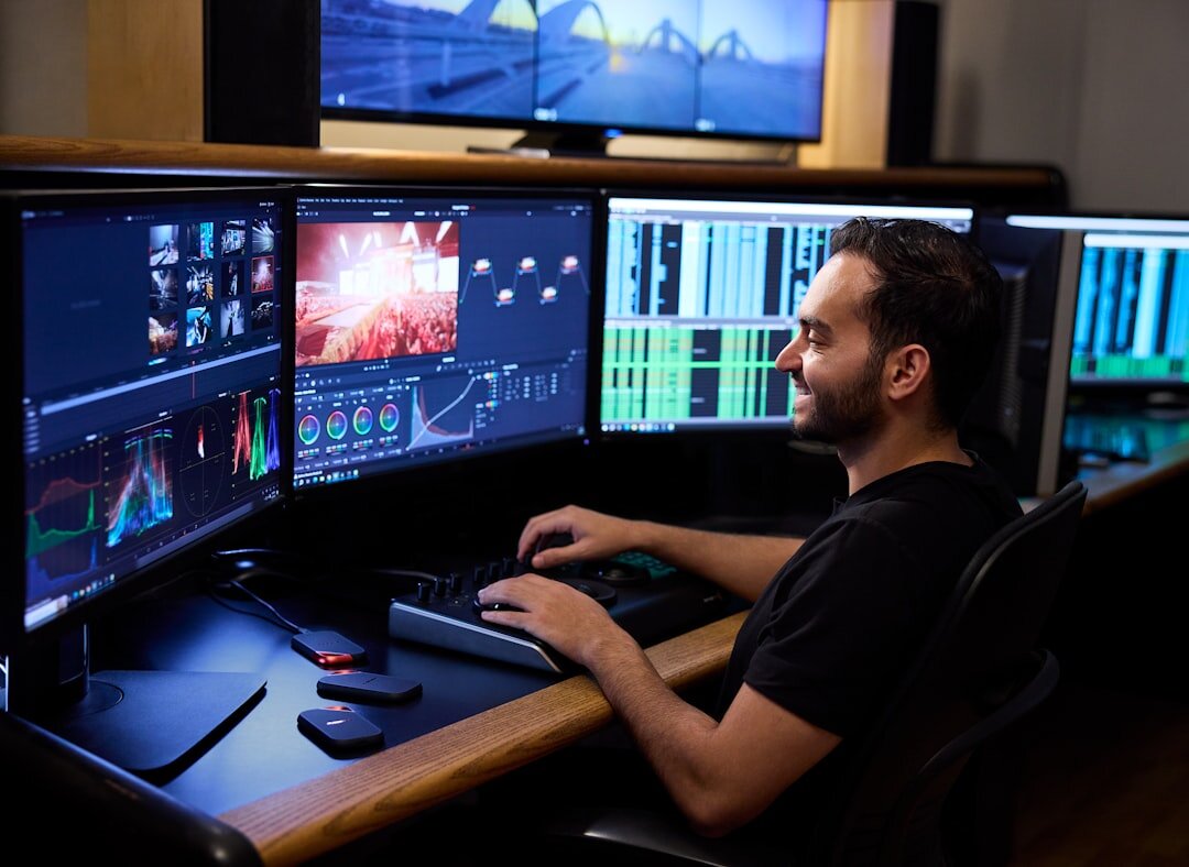 Software developer coding on multiple monitors screen